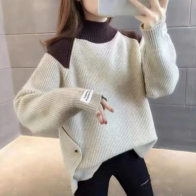 半高领女韩版拼接撞色毛衣宽松新款2022拼色纽扣打底衫女洋气