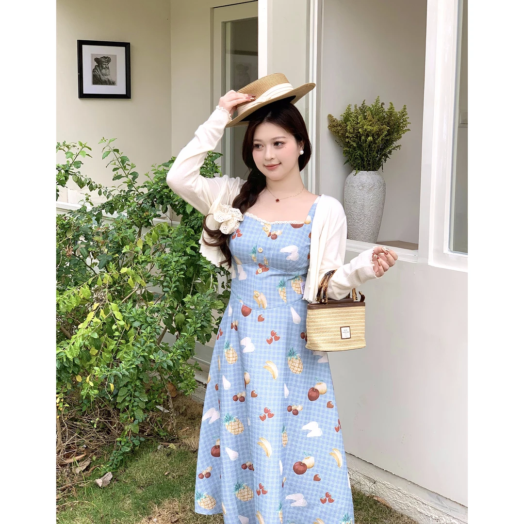 月半鱼【田园樱语】小清新度假水果印花沙滩裙碎花条纹吊带连衣裙