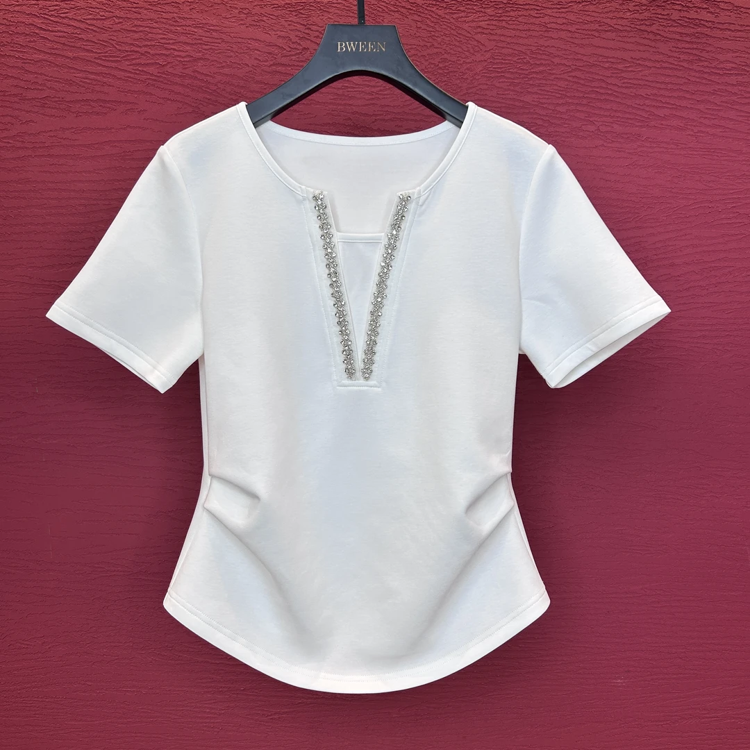 【珠绣深v领】25年夏季设计感女士时尚半袖显瘦短袖T恤