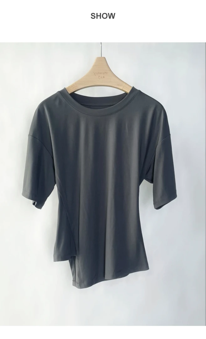 PAJANI/帕佳妮圆领不规则款短T百搭开叉女士简约纯色气质PM5T027