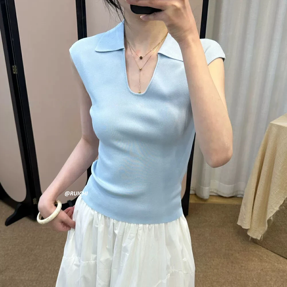 韩系2025夏季简约风U型翻领修身显瘦冰丝通勤高级感洋气百搭短袖