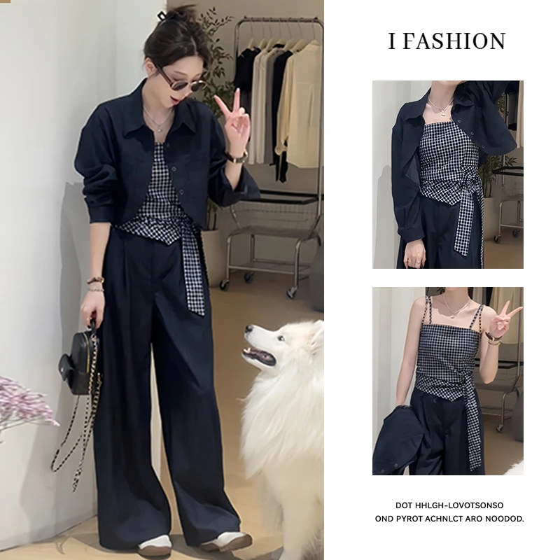 休闲小个子显瘦套装女2026春秋新款百搭开衫外套吊带阔腿裤三件套