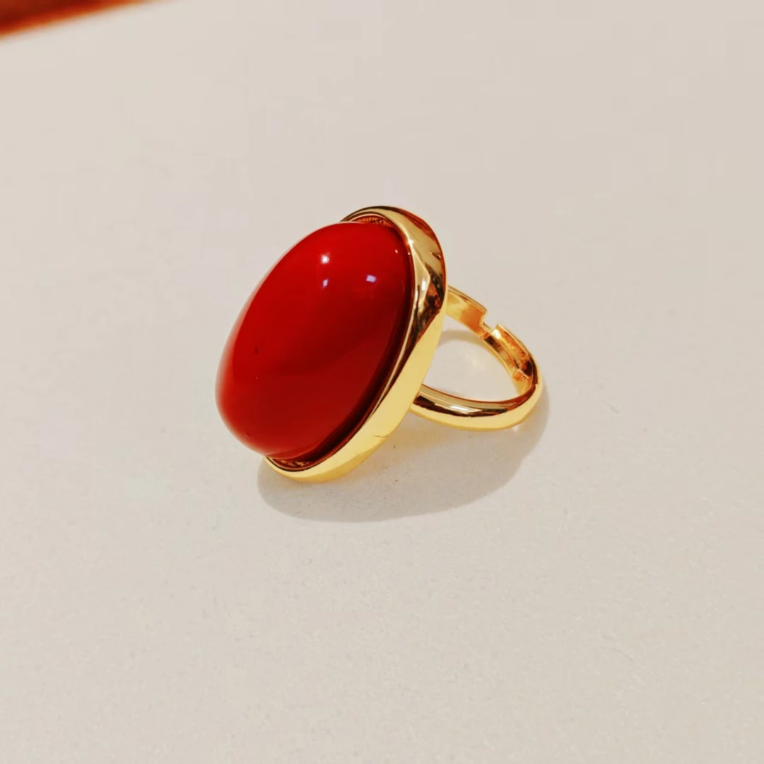 黄铜石英石戒指 时尚百搭民族风红色珠珠轻奢戒指JZ53