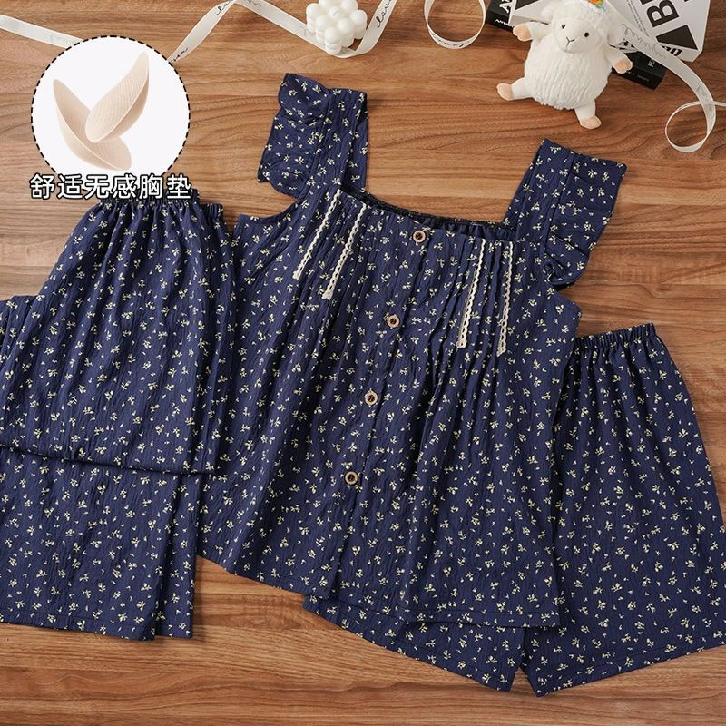 带胸垫云朵棉吊带睡衣女吊带短裤长裤三件套2025年夏季家居服外穿