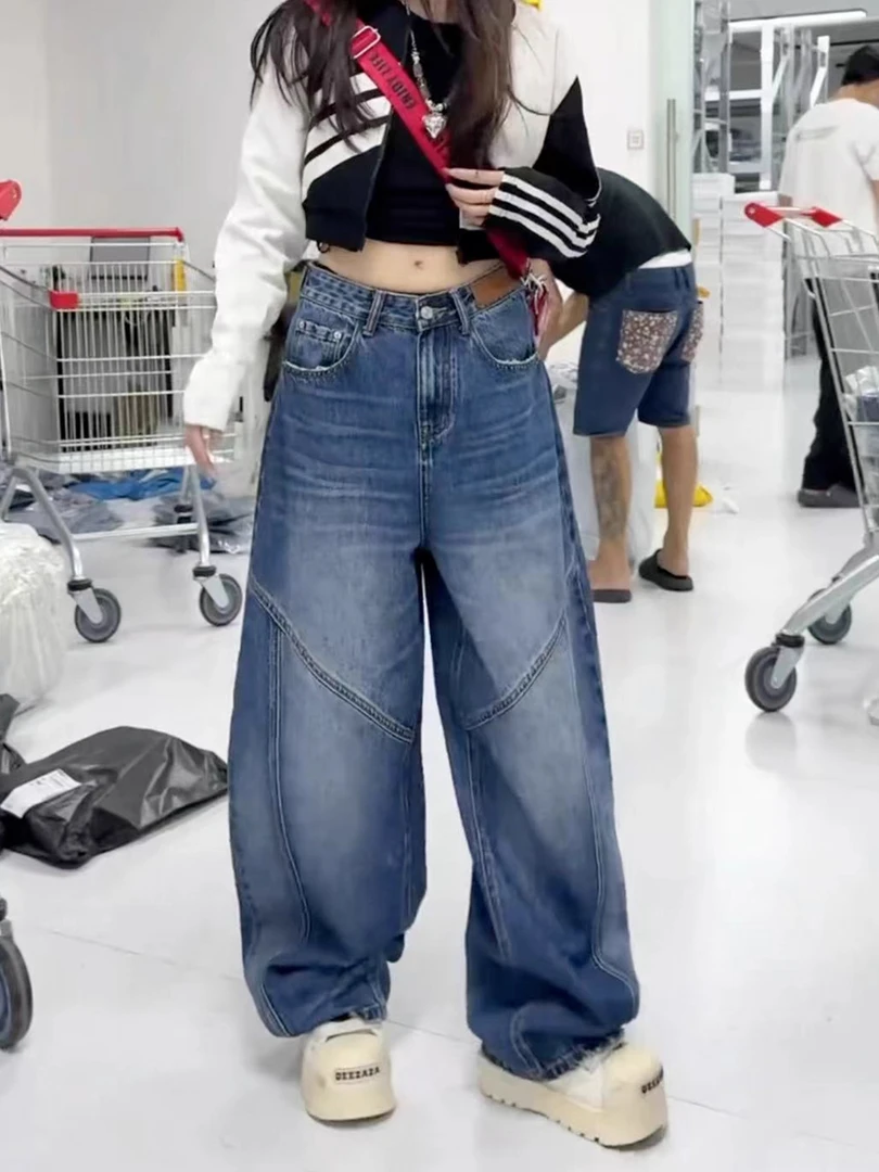 2025秋季弯刀阔腿牛仔裤女高腰胖mm显瘦宽松复古减龄直筒拖地裤子
