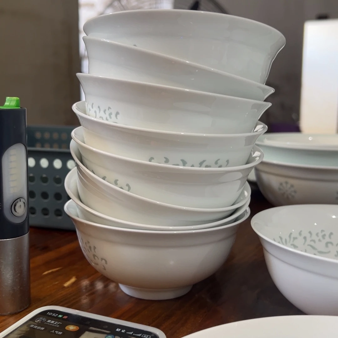 万***红白瓷白玲珑缠枝莲5寸饭碗4个