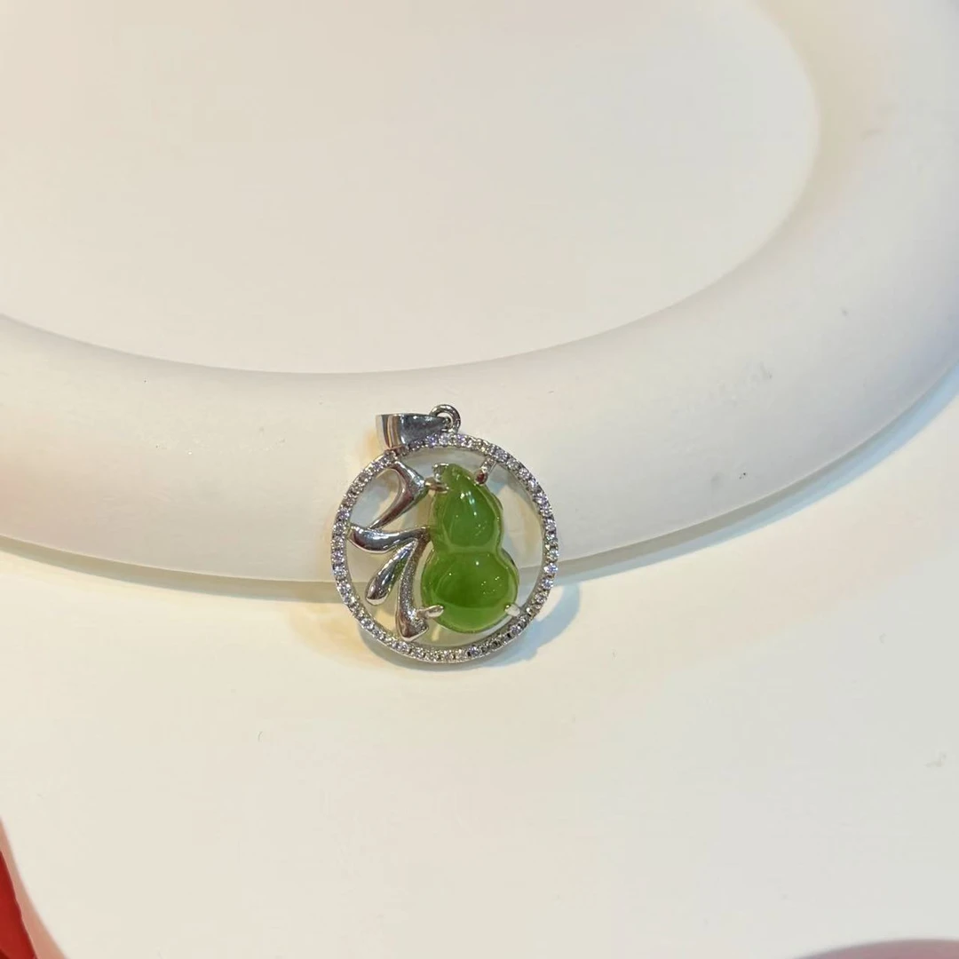 【福芦】S925银8*14mm和田玉碧玉圆牌葫芦吊坠HE00419