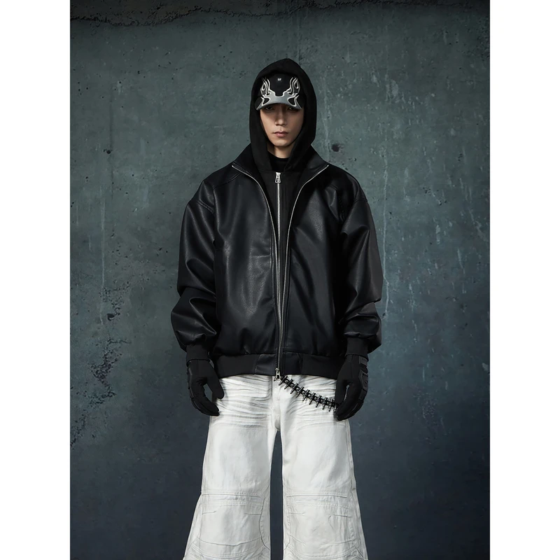 无人孤岛 美式休闲假两件皮衣外套连帽棒球服高级感夹克