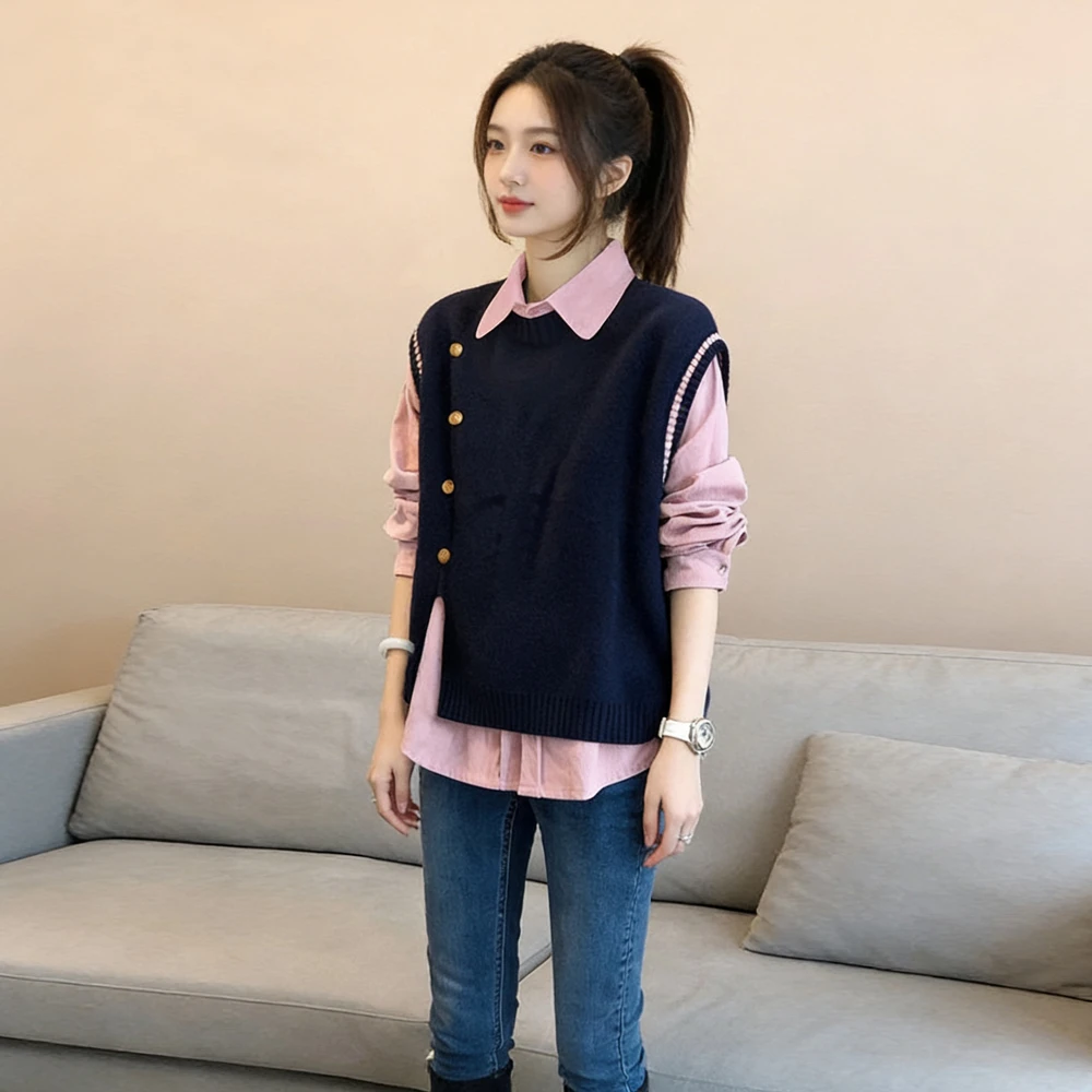 春秋新款宽松圆领无袖针织下摆开叉马甲+polo领长袖衬衫休闲套装