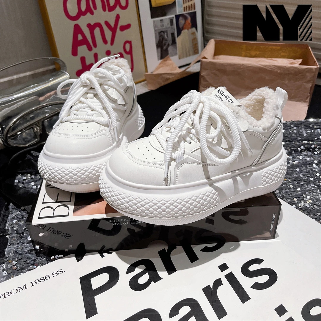 NY品牌追元素老爹鞋女2025年冬季新款加绒厚底保暖面包鞋松糕板鞋