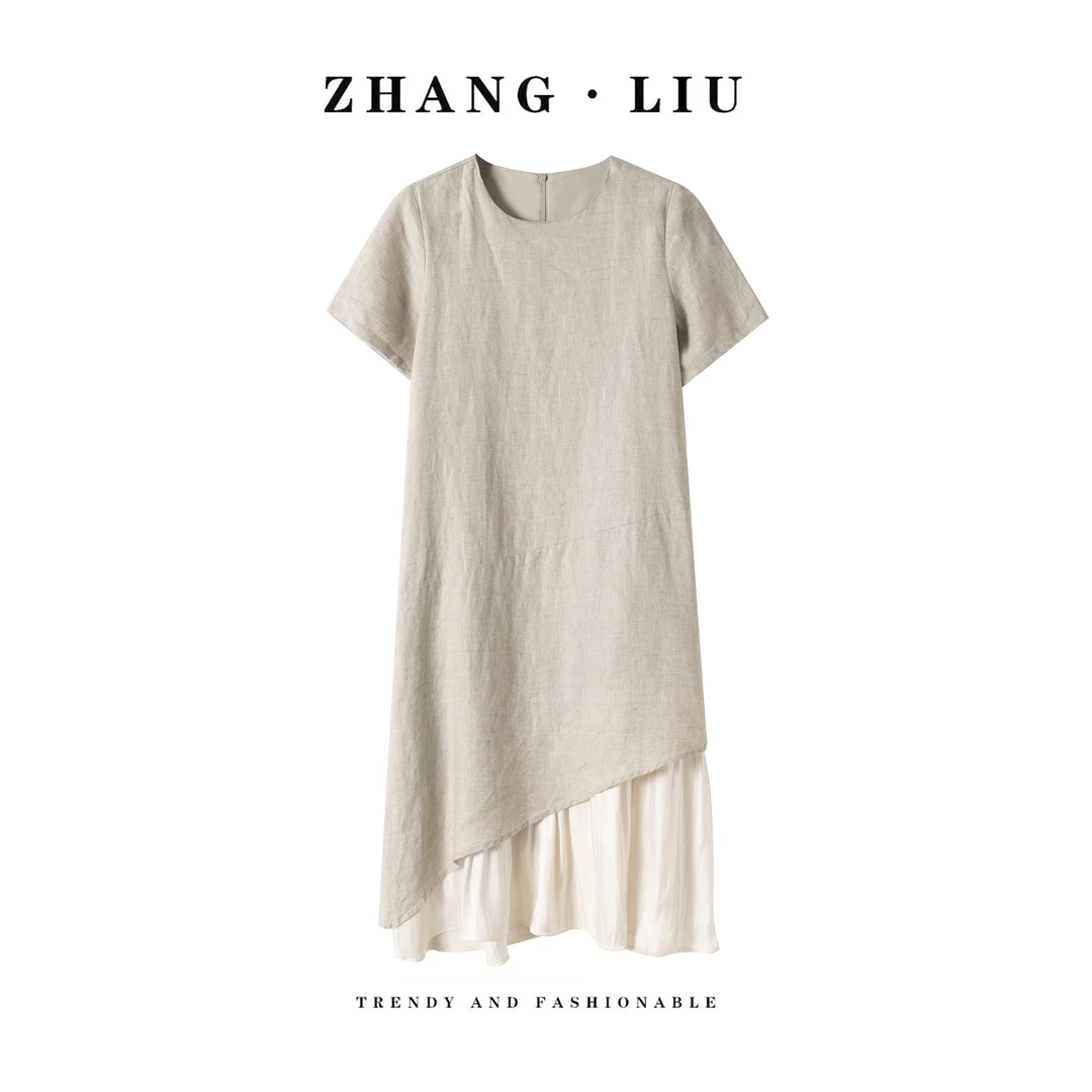 ZHANGLIU夏季亚麻连衣裙网纱拼接设计感休闲长裙宽松简约风显瘦