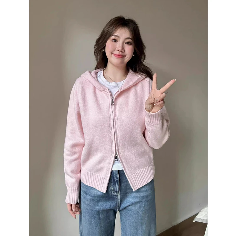 秋季粉色连帽针织衫毛衣女设计感双头拉链长袖上衣开衫外套短款