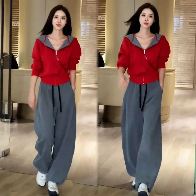 2025秋季新款设计感宽松百搭拉链连帽长袖外套女休闲阔腿裤两件套