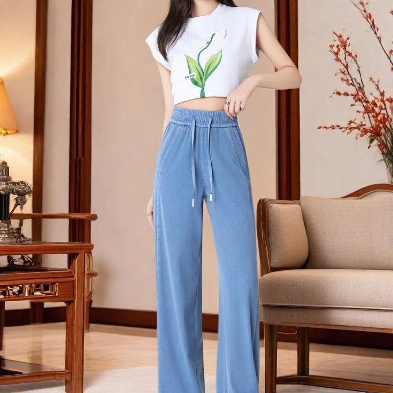 夏季高腰薄款显瘦冰爽垂感莱赛尔天丝阔腿牛仔裤