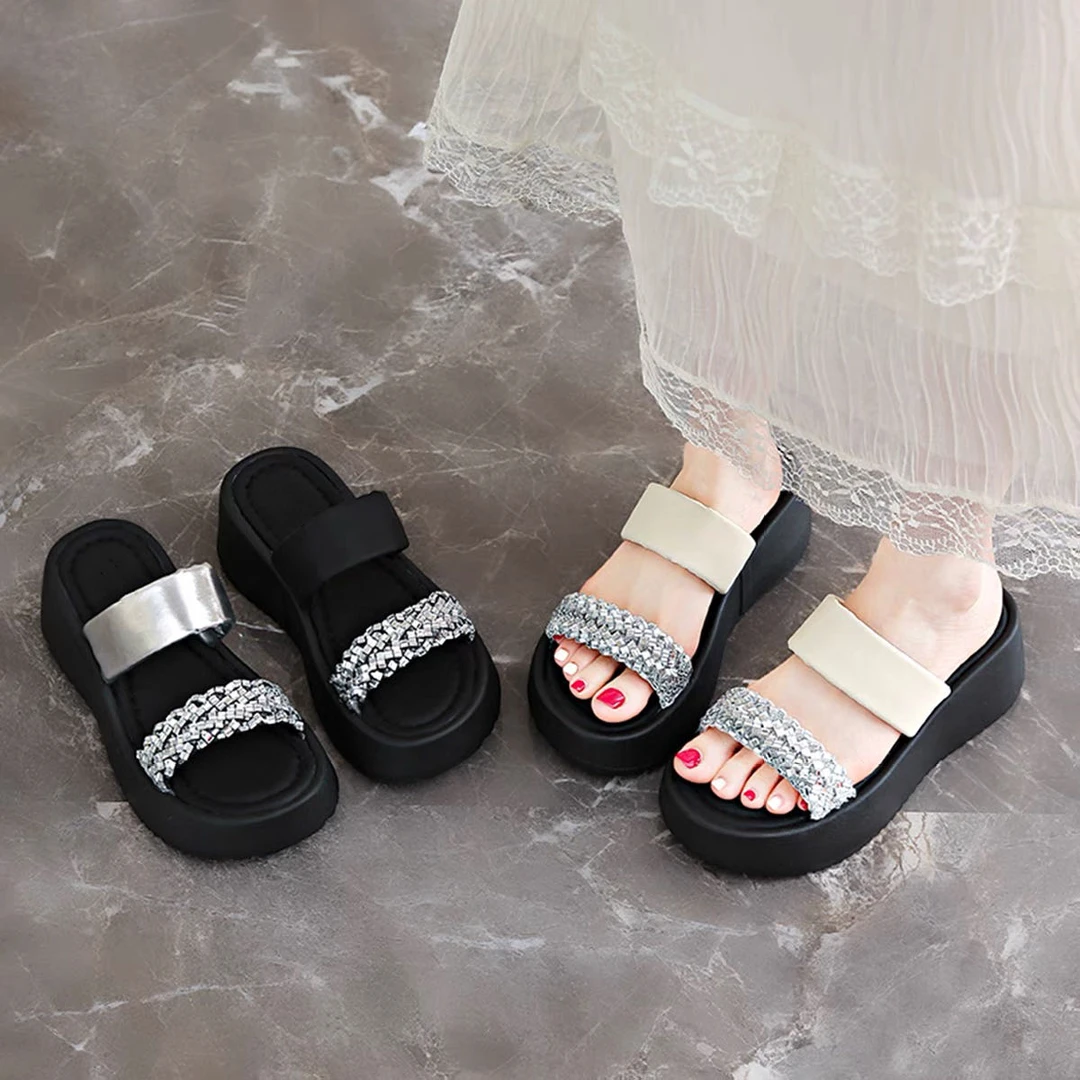 小个子专属方头水钻一字带厚底增高拖鞋S0006