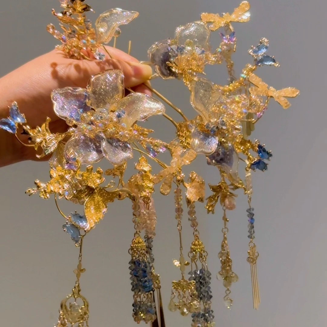 减龄新中式步摇发簪婚礼跟妆新娘发钗金色系超美腻古风发饰1269