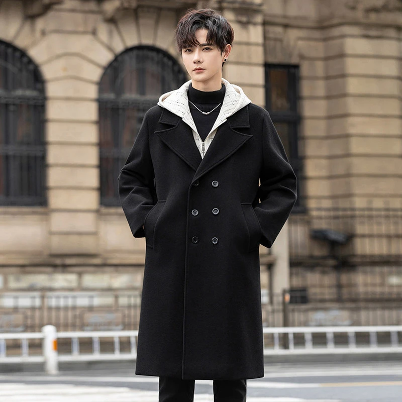 假两件小香风毛呢大衣男中长款呢子风衣男式长款披风高档秋冬外套