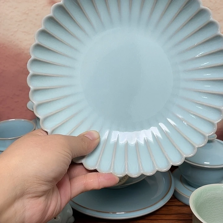 摆件落*天青菊花大盘18.5一品一拍