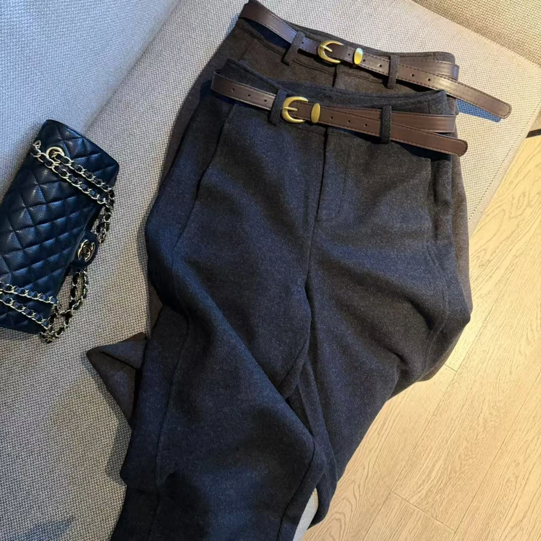F（送腰带）秋冬高品质加绒加厚毛呢直筒裤宽松显瘦百搭9分呢料裤子