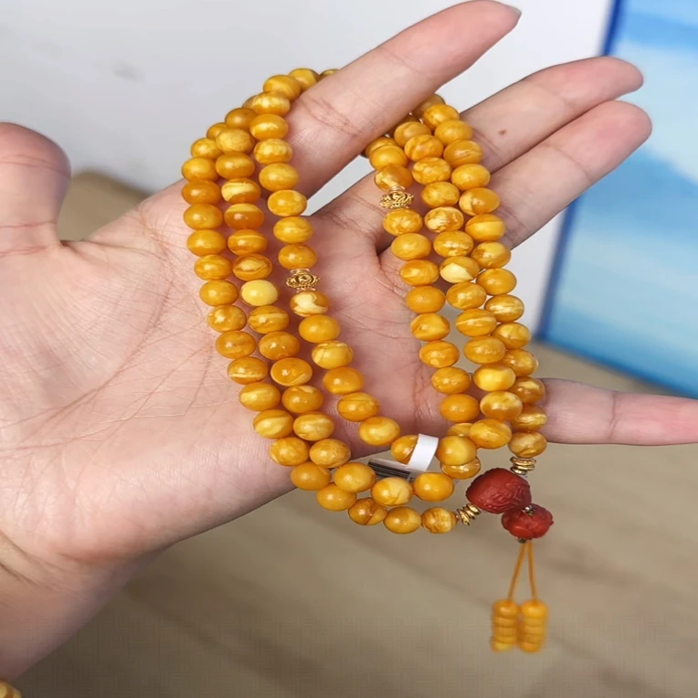 【齐福珠宝】6mm天然琥珀丹麦橘皮石膏蜡圆珠佛珠（多样性发其一）