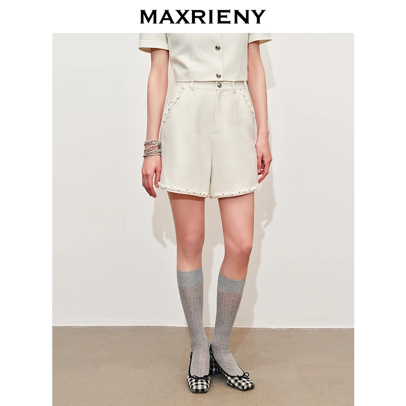 【黑白优雅主义-商场同款】MAXRIENY肌理感率性撞色织带花纱短裤