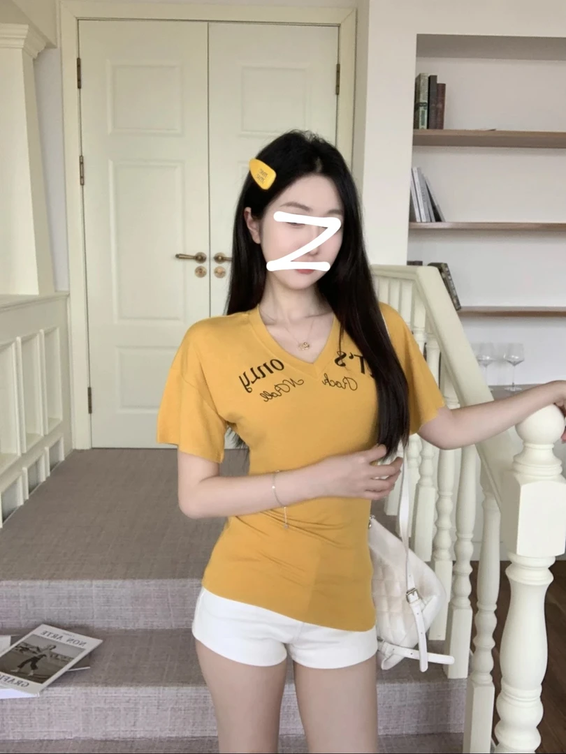 美式辣妹修身显瘦字母印花正肩T恤女装夏季百搭绝美chic短款上衣