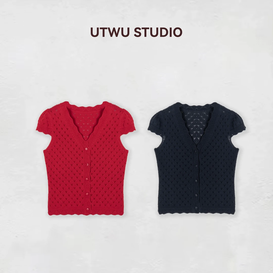 UTWU小敏「法式度假」重磅醋酸×棉镂空气质短袖V领针织衫S25C1078