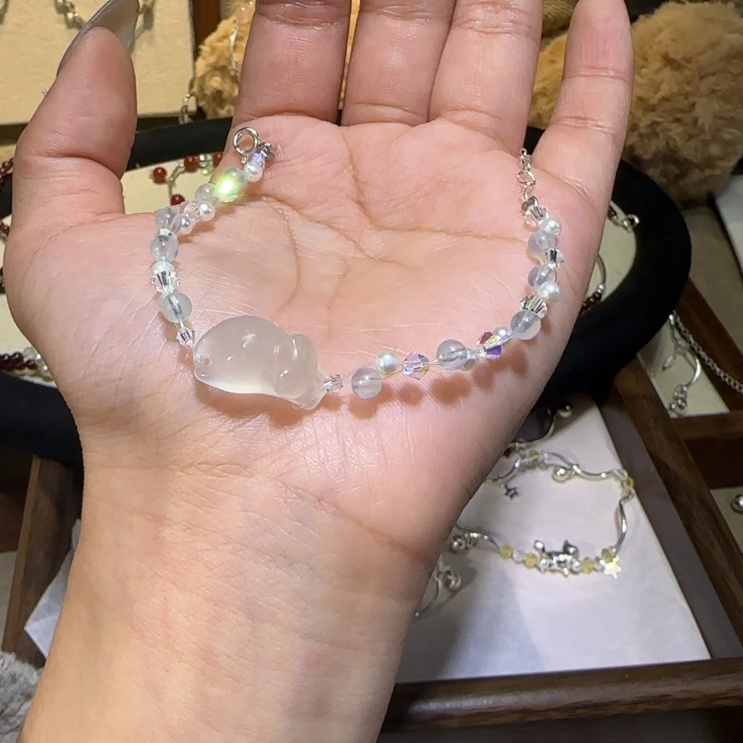 银S925镶嵌手链烟晶趴趴猫