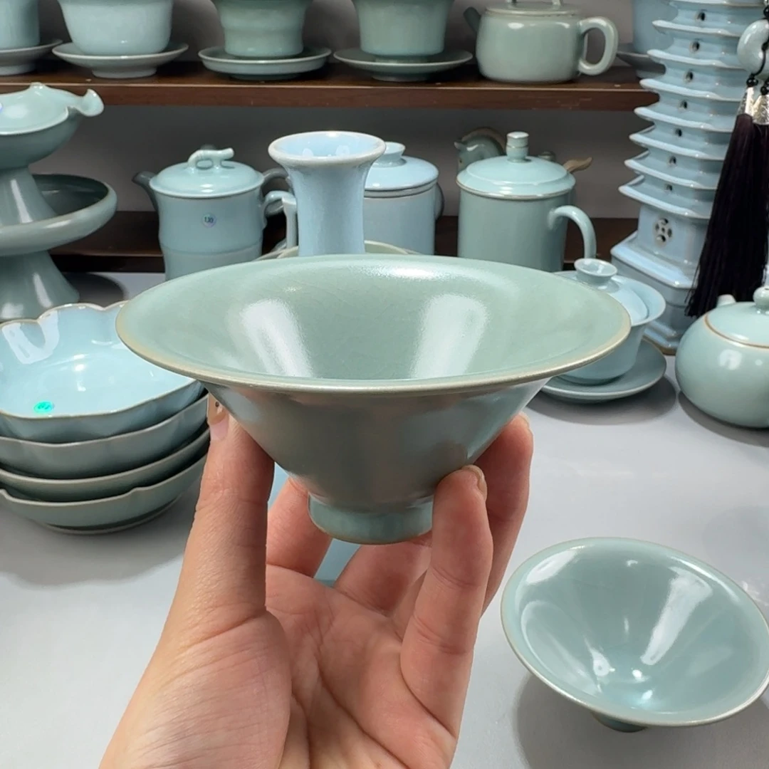 摆件瓷精品汝窑仿古釉大号斗笠杯