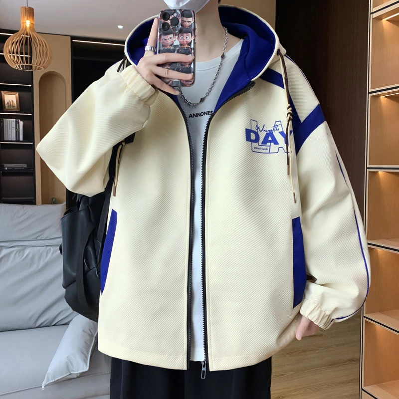 韩版青少年学生春季连帽印花拼接百搭时尚休闲夹克潮流外套宽松