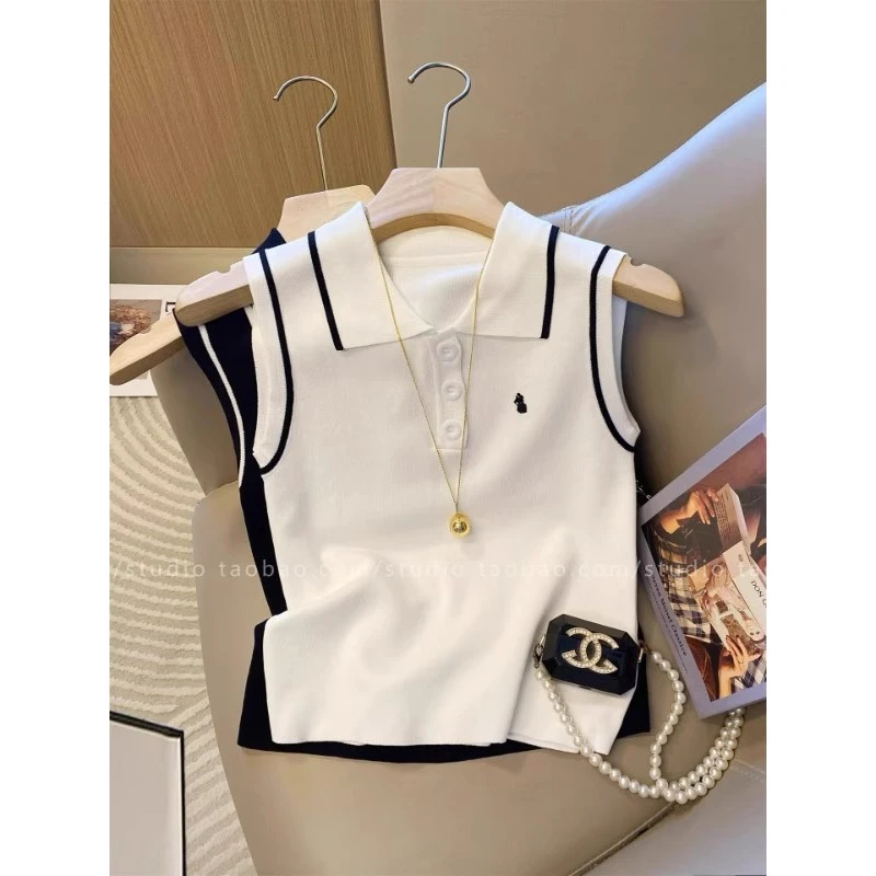 简约百搭撞色简约修身无袖针织背心女2025夏季新款白色别致上衣