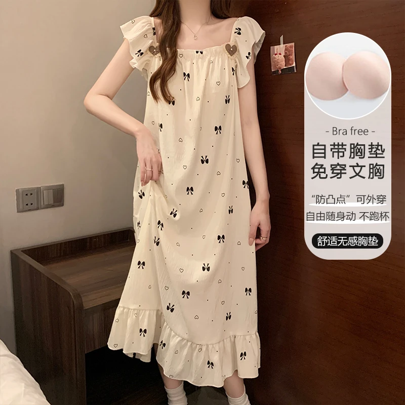 睡裙夏季短袖带胸垫甜美可爱ins公主风睡衣女士纯棉连衣裙家居服