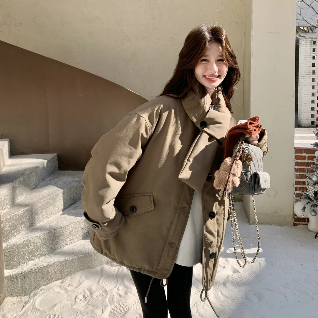 卡其色甜酷工装风围巾款羽绒服女2025冬季新款学院风百搭加厚外套