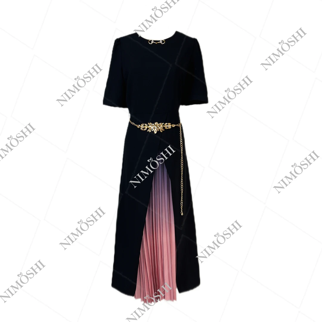 NIMðSHI【达妮】亮黑色长裙褶皱渐变色点缀显瘦气质连衣长裙Q1650