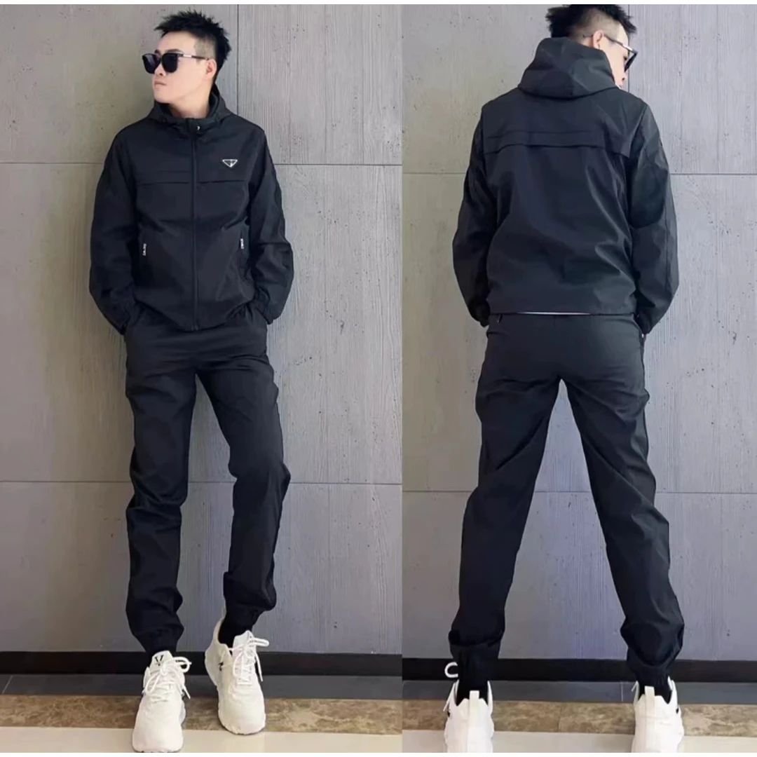 秋季新款男士套装连帽长袖外套时尚百搭休闲裤潮流纯色韩版两件套