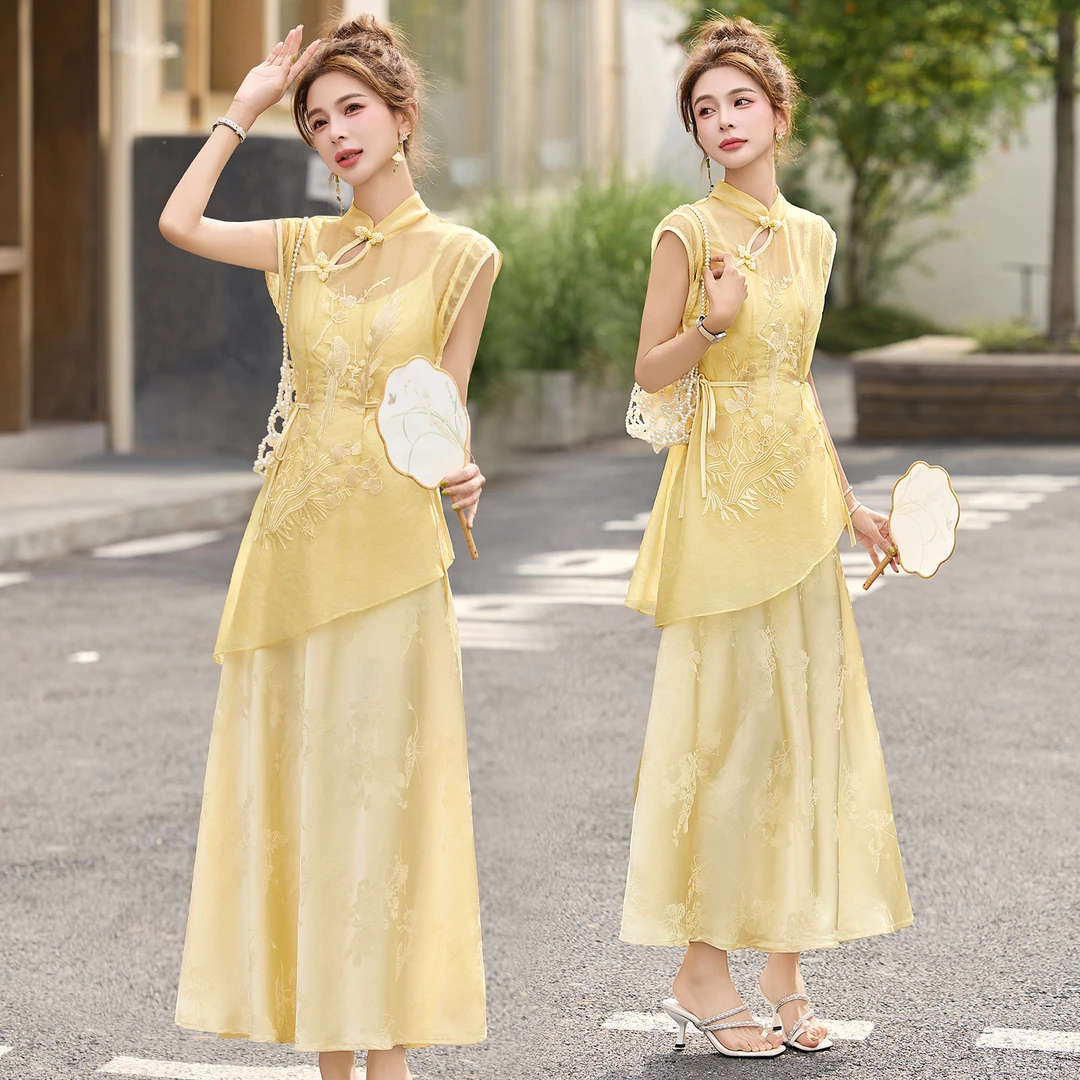 新中式国风套装女2025夏季新款高级感气质显瘦盘扣上衣半裙两件套