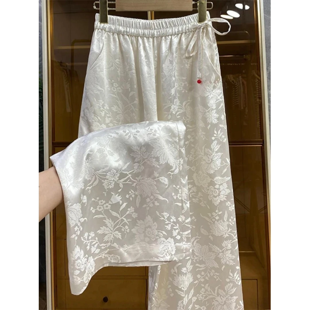 新中式白色提花阔腿裤女春秋高级设计感国风高腰垂感直筒休闲长裤