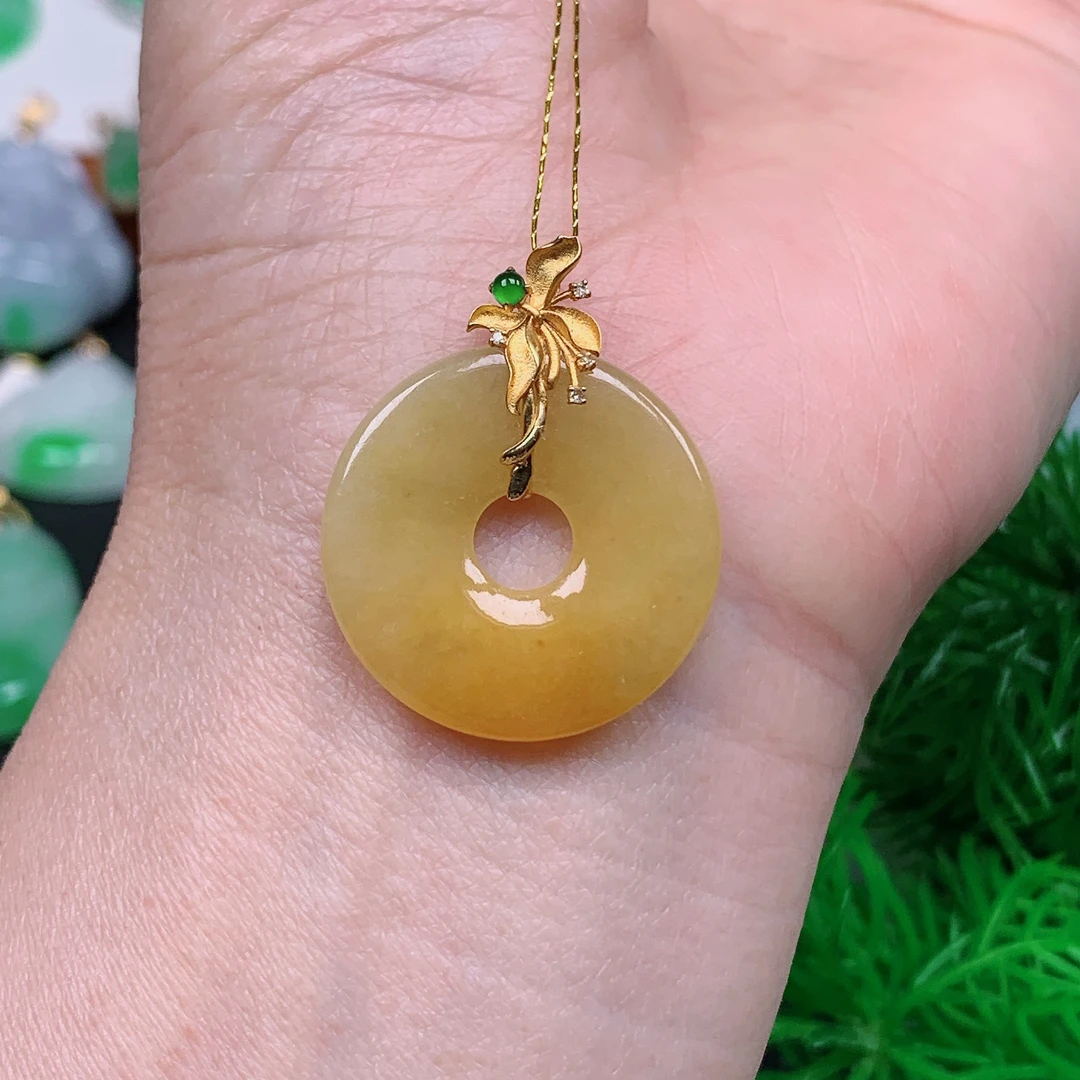 缅甸天然翡翠A货 18k金镶黄翡甜甜圈吊坠470/1223尺寸24.2x3.0