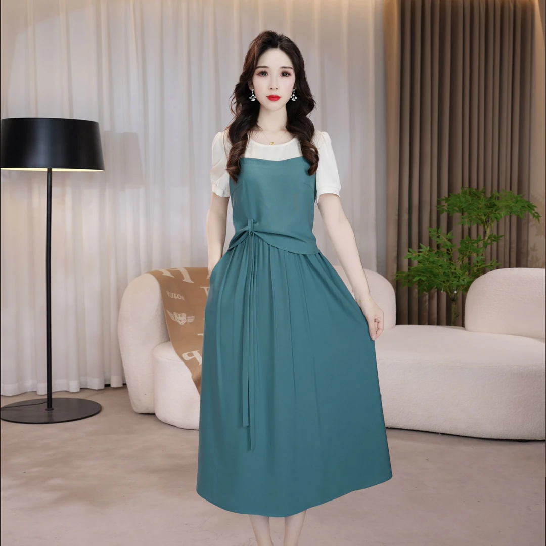圆领夏季中长裙法式连衣裙中长款洋气时尚夏装收腰显瘦气质修身