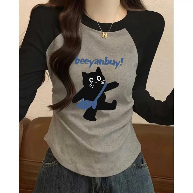 热卖潮流拼色收腰圆领长袖t恤女修身可外穿显瘦时尚洋气小众上衣