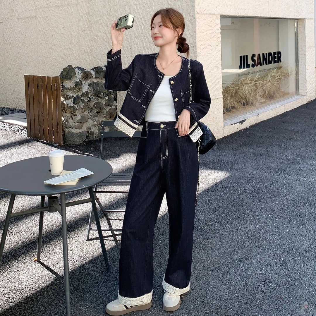 蓝色蕾丝刺绣撞色牛仔外套阔腿裤套装两件套女2025早春秋韩系复古