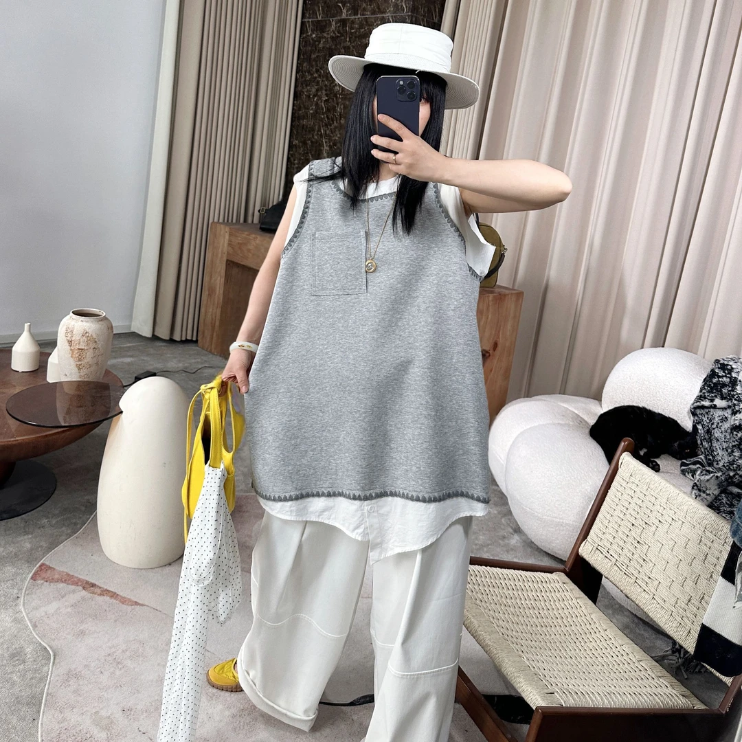 infobyfive2025夏季新款拼接拼色毛边针织马夹马甲NF0503177