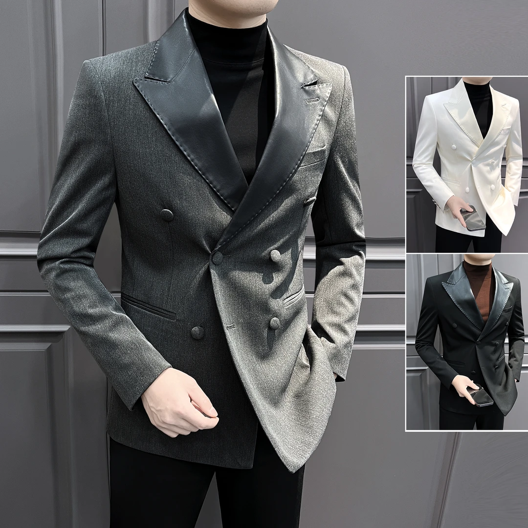 拼皮领休闲西装外套男秋季痞帅英伦风男装戗驳领双排扣男士小西服