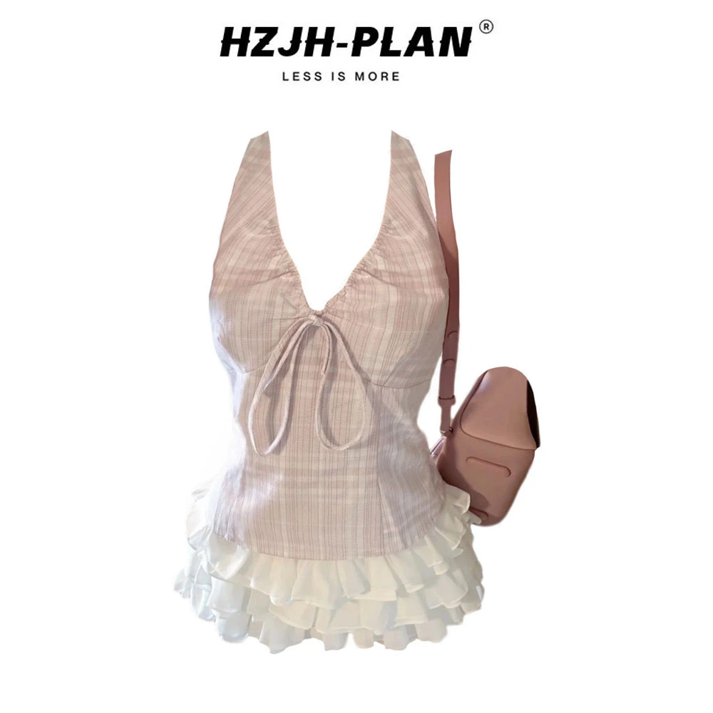 韩系纯欲辣妹风条纹挂脖吊带修身无袖背心系带上衣显瘦短裙半身裙