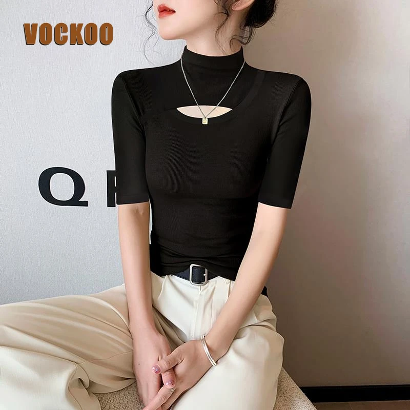 VOCKOO半高领镂空中袖t恤女2025春夏新款黑色螺纹针织显瘦