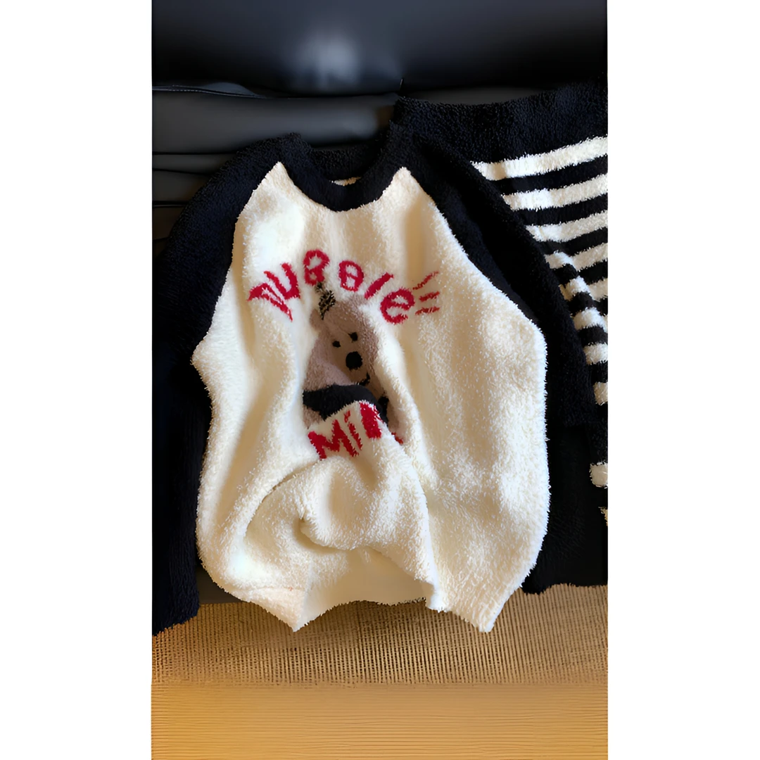 【保暖搭子】黑白撞色半边绒睡衣秋冬款女针织毛衣加厚家居服套装