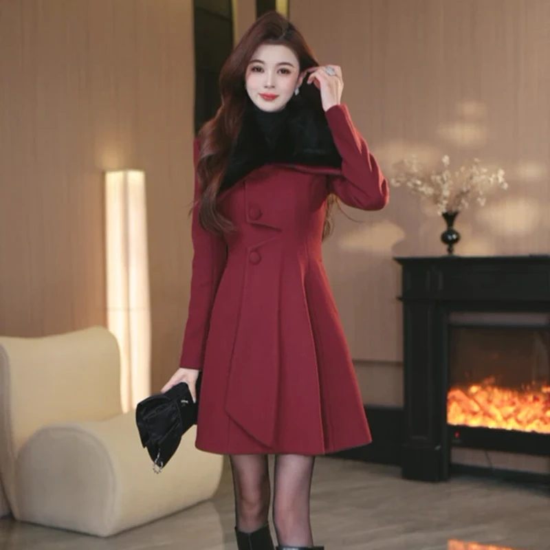 【有里布】红色显瘦时尚收腰大衣气质连衣裙女秋冬新款外套QJ0288