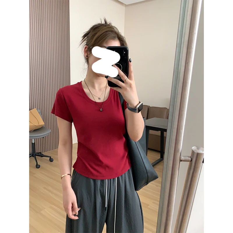 大码200斤原创小众百搭U领正肩掐腰显瘦短袖t恤女设计感夏季上衣