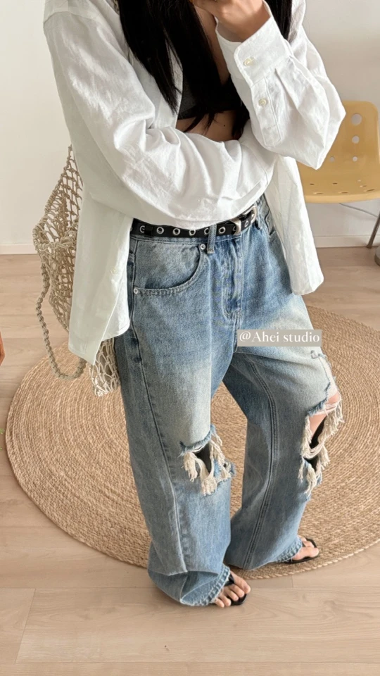 ahei 夏季ins薄款设计感破洞直筒裤百搭显瘦