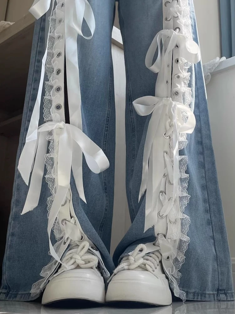 大码美式复古设计感蝴蝶结镂空绑带牛仔裤女夏季水洗蓝宽松阔腿裤